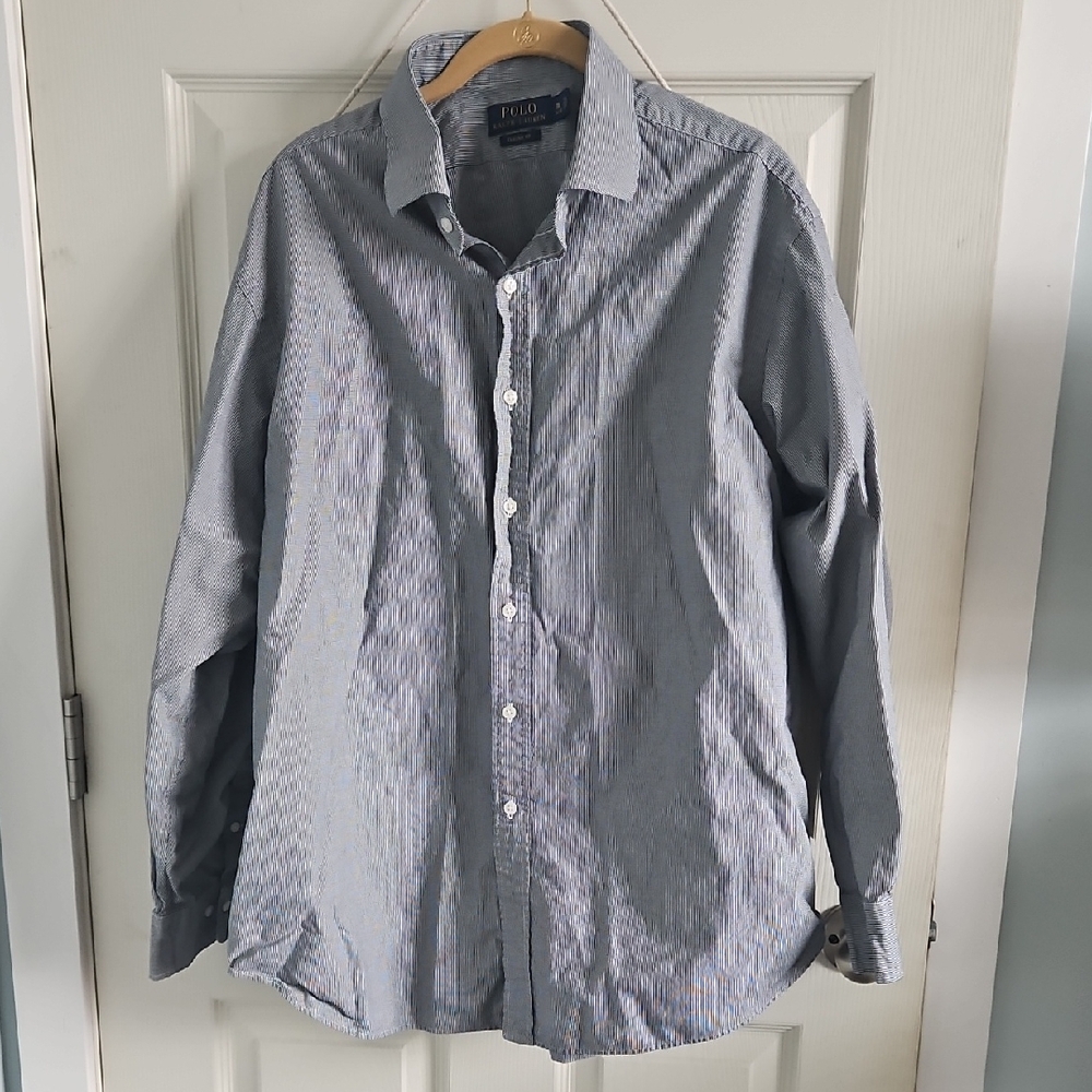 Vintage BLUE LAbel Polo by Ralph Lauren Men's Striped BLue Gray Shirt